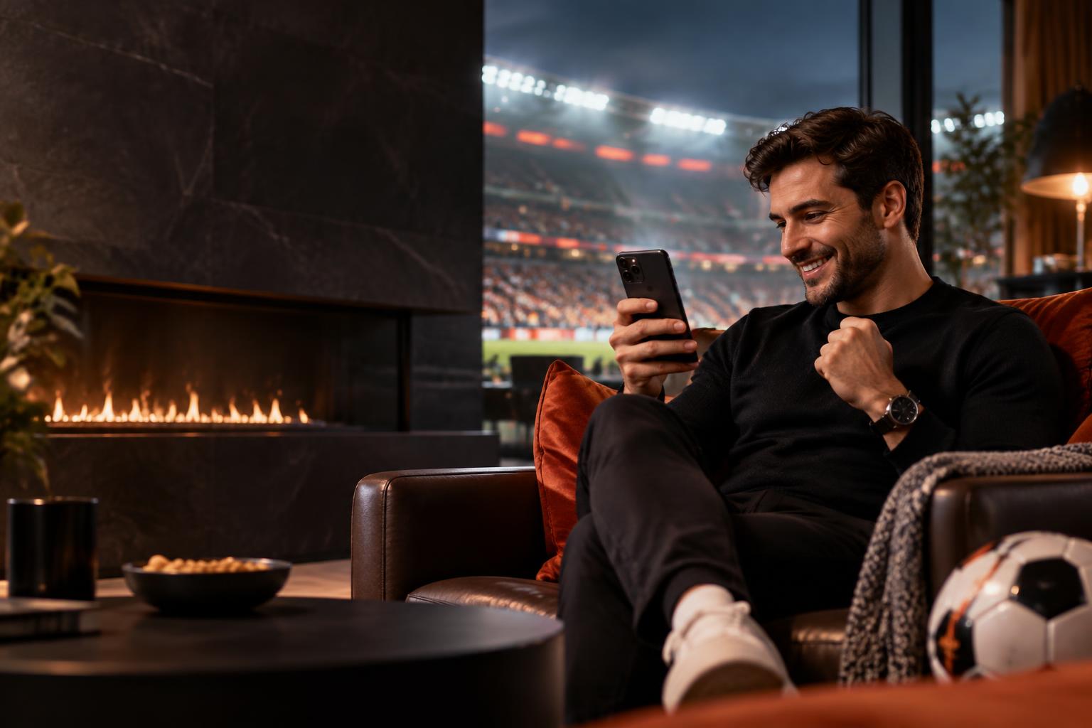 Sports fan checking a phone while watching a live match