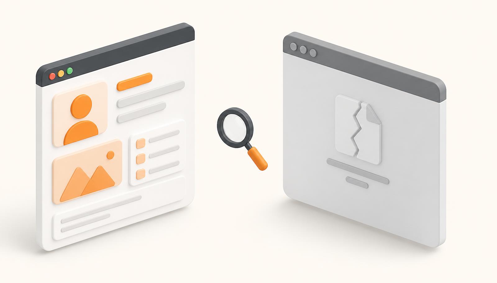Two browser windows side by side, one showing a healthy profile and one showing an empty broken page, with a magnifying glass between them