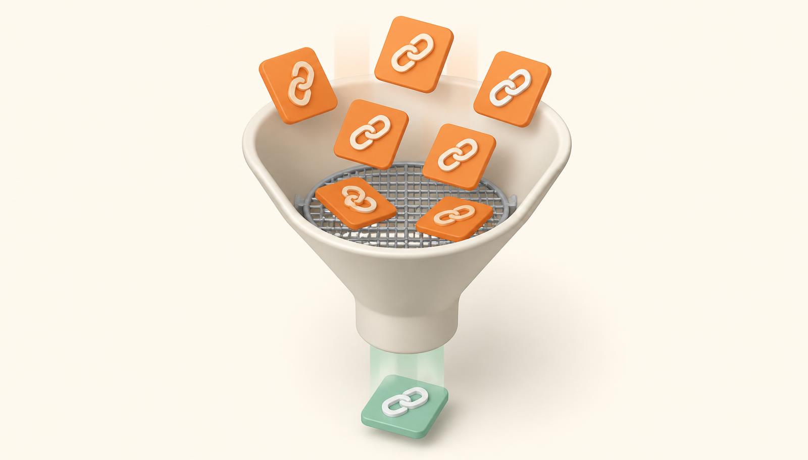 A funnel with a mesh filter blocking identical duplicate link cards while one unique card passes through