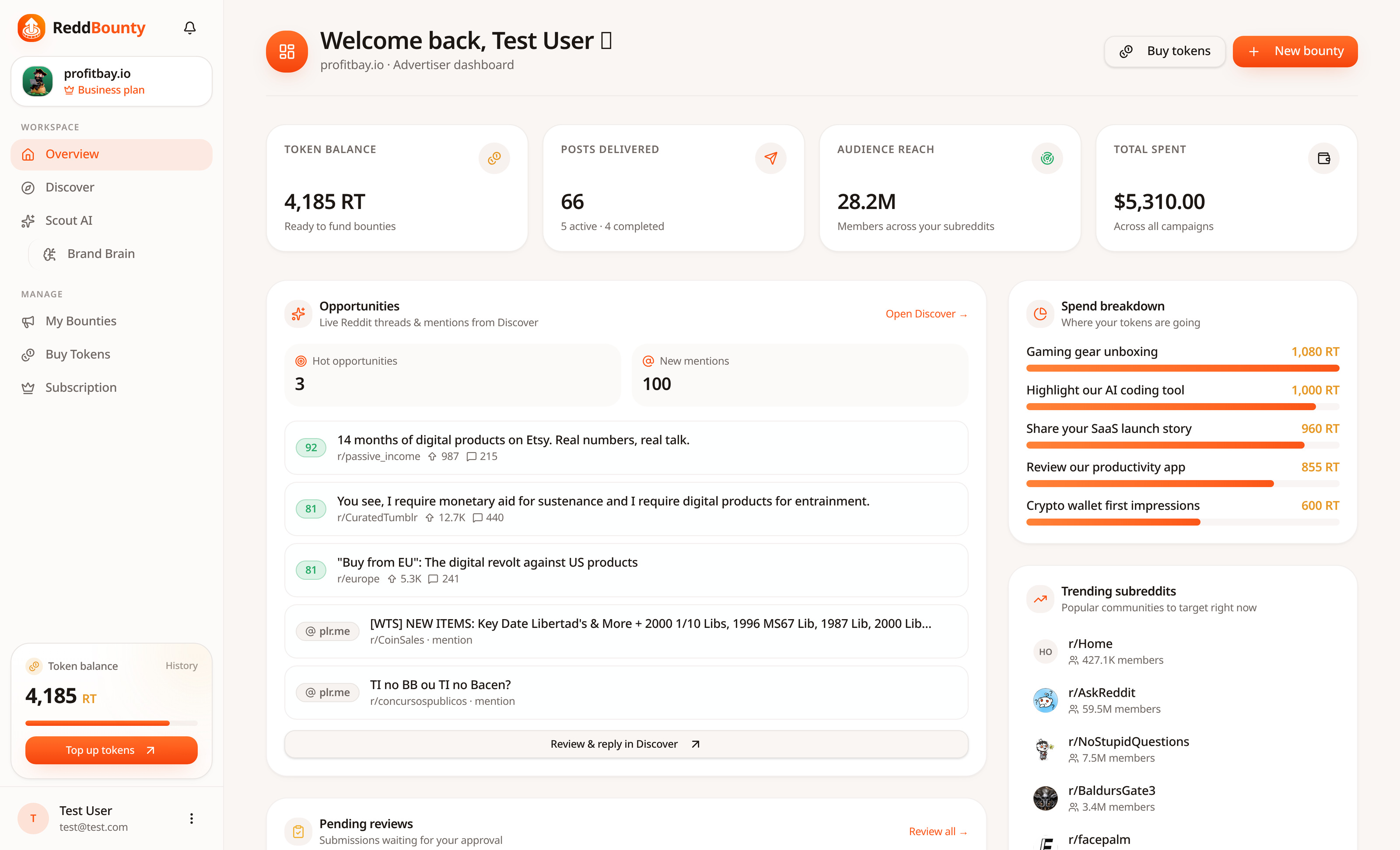 Advertiser dashboard with token balance, posts delivered, spend breakdown and pending reviews