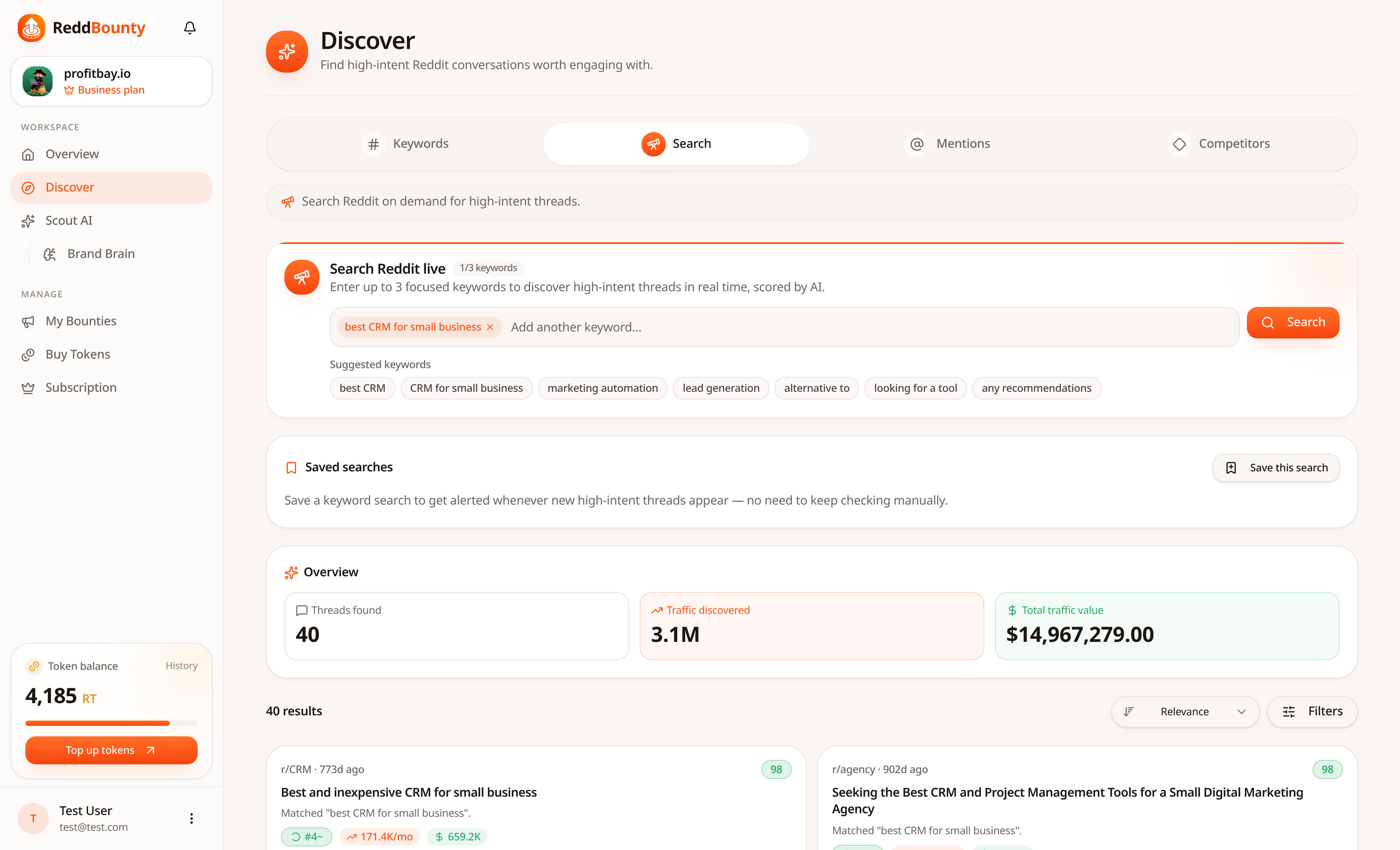 ReddBounty Discover running a live Reddit search with intent scores, traffic value and thread results
