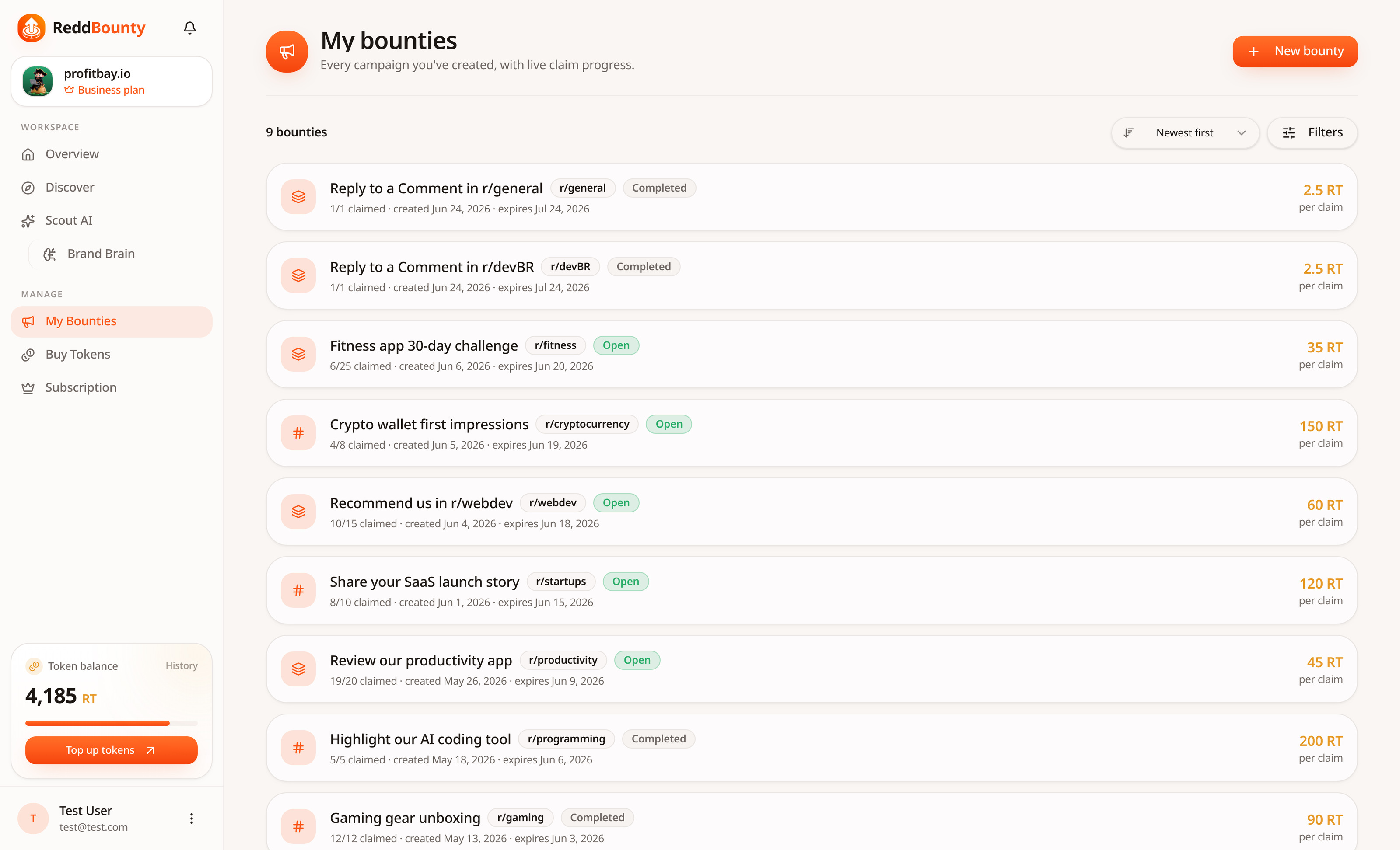 Bounty dashboard showing live claim progress from real Reddit posters