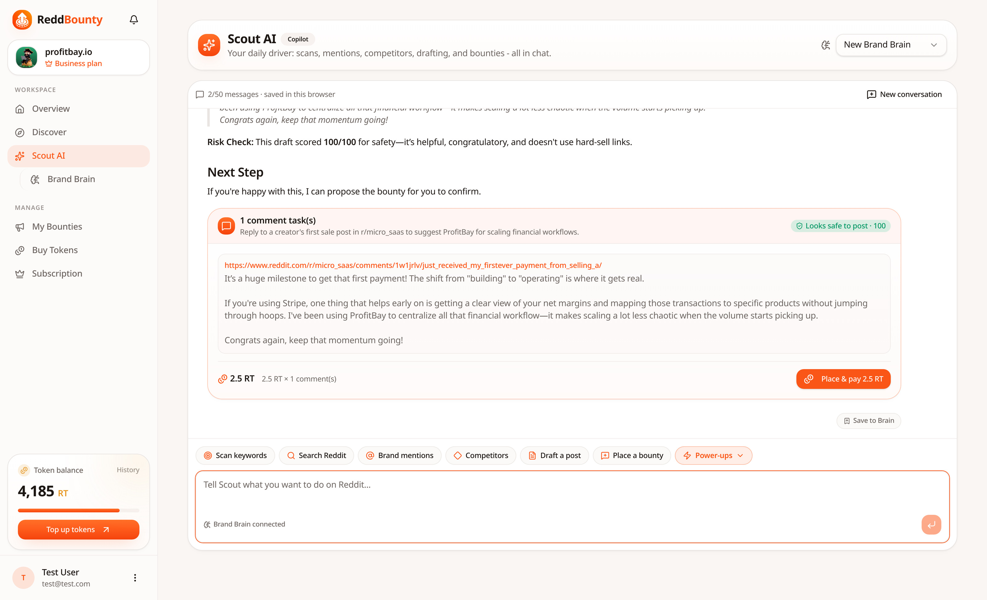 Scout AI drafting a Reddit reply and proposing a bounty with a safety score inside ReddBounty