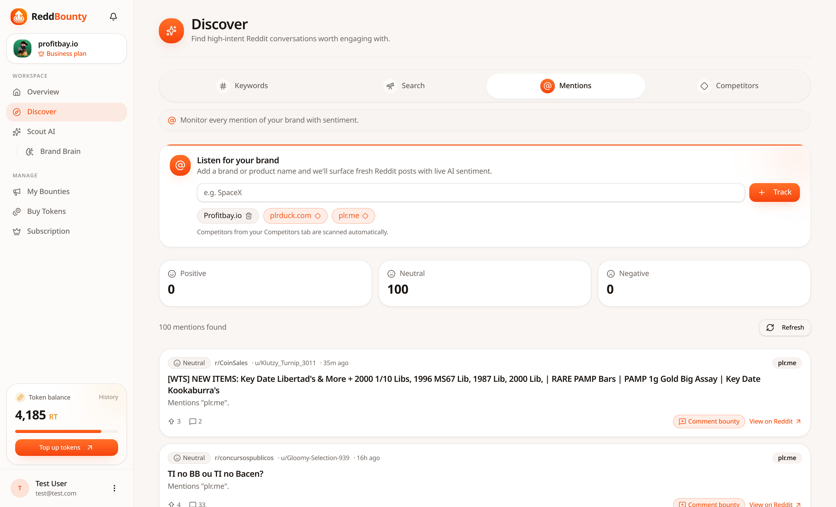 Brand mention tracking with sentiment breakdown and live Reddit mentions